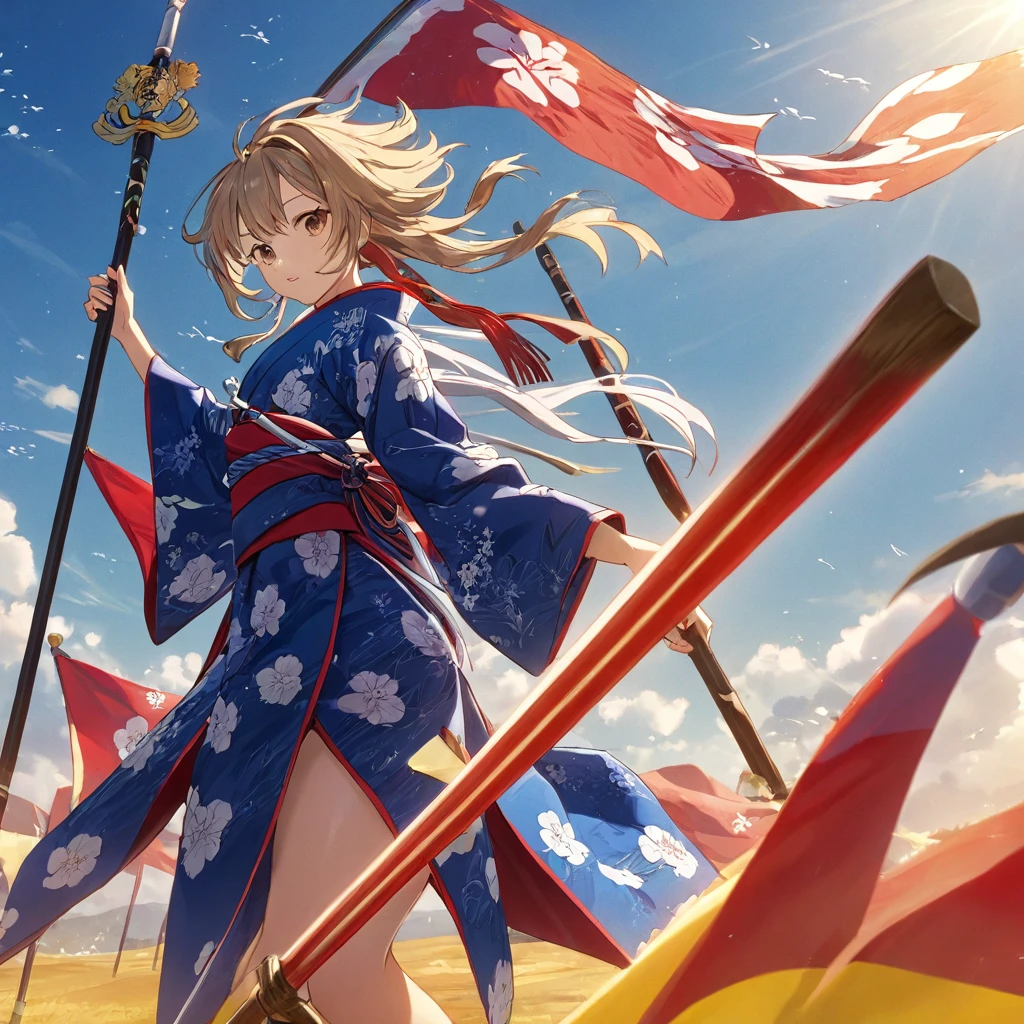 (   Very Detailed CG Octane Rendering 8K Wallpaper with Long Spears ),   World's Most Beautiful Artwork  ,  A flag with a coat of arms attached to a long spear,  complicated,   high detail,,   Japanese Kimono,  Strong winds ,   best quality, Disarray of clothing,   thighs,、 with a flag attached to a long spear 