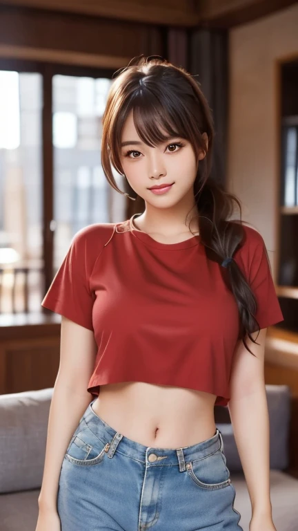 kasumi, eyes browns, (best qualityer, ultra detail), (realisitic:1.37), beautiful and detailed face, ultra-realisitic texture, Exquisite face, Delicate body, red lipgloss stick, shiny colors. High definition, 8k