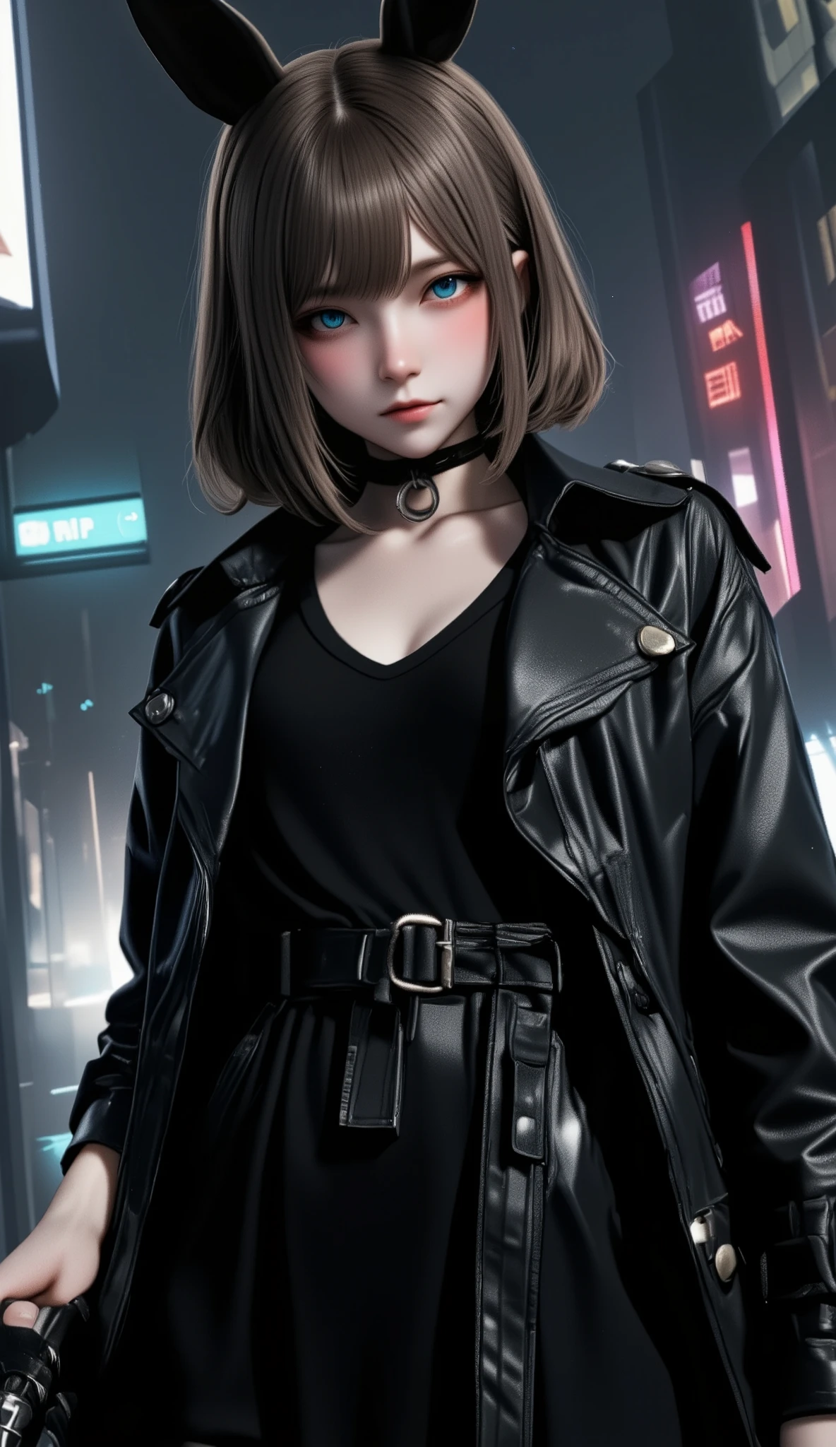 QUALITY ¥ (masterpiece,  best quality,8k,非常に精細なCGユニットの wallpaper, high definition ,top-quality,top-quality real texture skin, surreal, Increase Resolution , RAW photo, best quality, very detailed, wallpaper\), break, Hitman, Bunny Girl in a Black Trench Coat,  Black Leather Trench Coat , ブラックのトレンチコートを着た girl, かわいい girl,  Ultra Detailed Face and Eyes , ¥( girl,  cute face,  Simple Bunny Girl Costume , Usamimi,  gray eyes, short hair jacket with shining eyes , Kills People by Laughing ,terribleな殺人鬼,Lightsabre:1.37,¥),break,Dark Background、 Darkness、terrible、(outside,  knight ,neon,Backstreets)