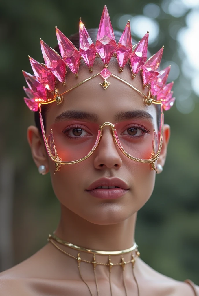 Crystal Tiara/Crown with Visor: The headpiece is a delicate tiara or crown made of sharp, angular pink crystals with golden edges. The crystals form a V-shape, starting from the center of her forehead and curving around her temples, framing her face elegantly. It’s minimalistic but has a powerful, regal vibe. The crystals shimmer lightly, hinting at her Quirk, and give her a striking, confident look. The golden framework adds a touch of sophistication, making it look expensive and stylish.The visor is seamlessly attached to the sides of the tiara, curving downward to cover her eyes and the top of her cheeks. It’s transparent but tinted slightly in pink or gold, matching the crystal theme. The visor is sleek, hugging her facial contours, and gives her a futuristic, high-tech feel. On either side of the visor, there are small, subtle light strips embedded into the frame. These lights are activated by touch, and when switched on, they emit a soft glow—either pink or white, depending on the mood or need. These lights can serve both as visibility enhancers in dark environments and as a stylish visual effect, enhancing her presence.