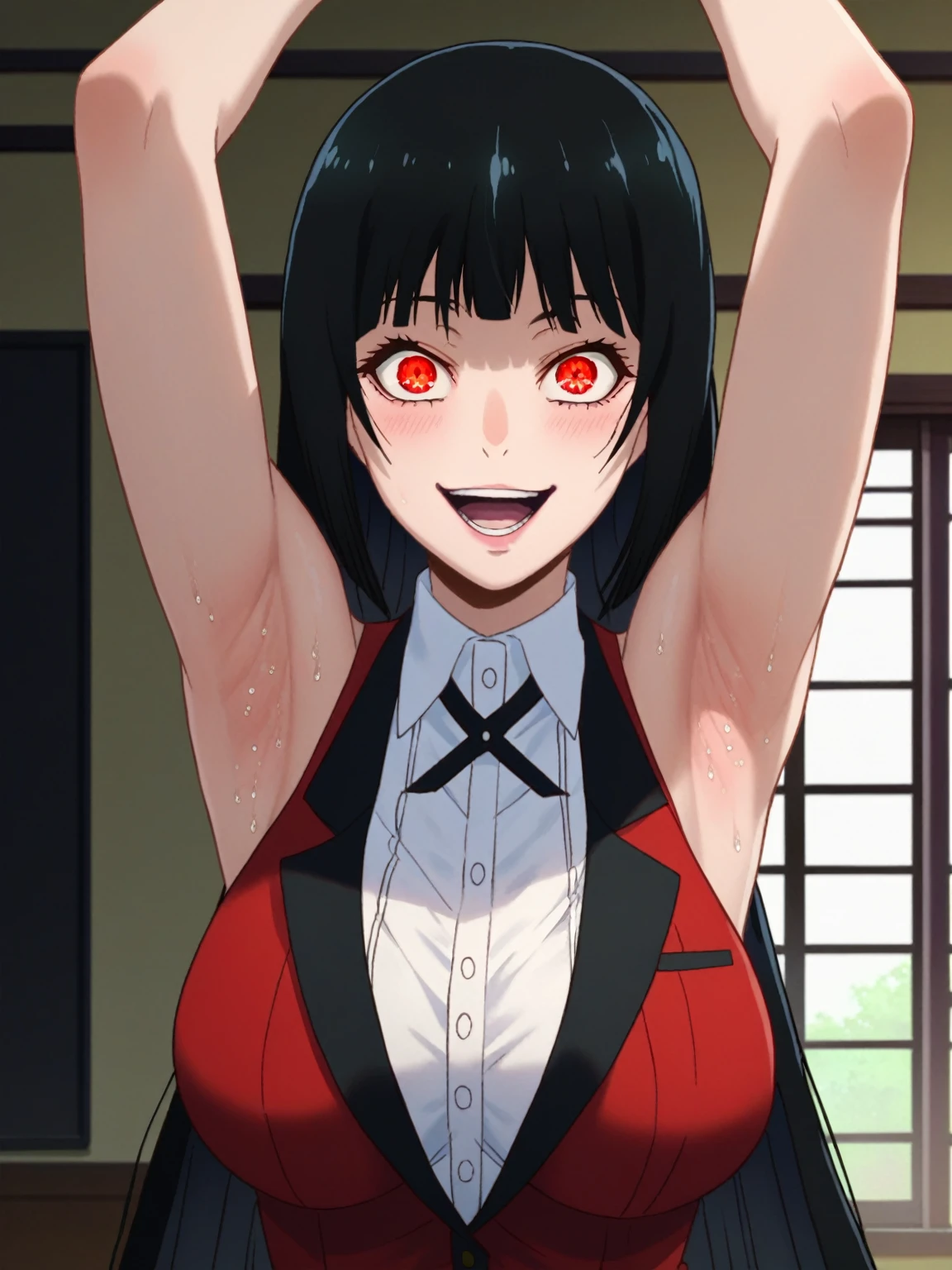 score_9, score_8_up, score_7_up, source_anime, 1girl, solo,indoors, day, Jabami Yumeko, red eyes, black hair, long hair, bangs, large breasts, red blazer, white shirt, looking at viewer, eye contact with viewer, smile, (smug:0.8), open mouth, light blush, laughing, sleeveless shirt, bare shoulders, bare arms, black background, arms up, raised arms, arms behind head, armpits, sweaty armpits, detailed armpits