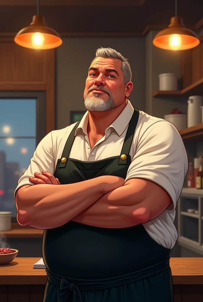 <lora:turbomale_LoraV6:1> ,1man, muscular man, grey hair, glasses, frontal view,facing viewer, looking at viewer, masterpiece,best quality, grey beard, mature male, fried chicken on table:1, <lora:acrossTableConcept_v10:1>