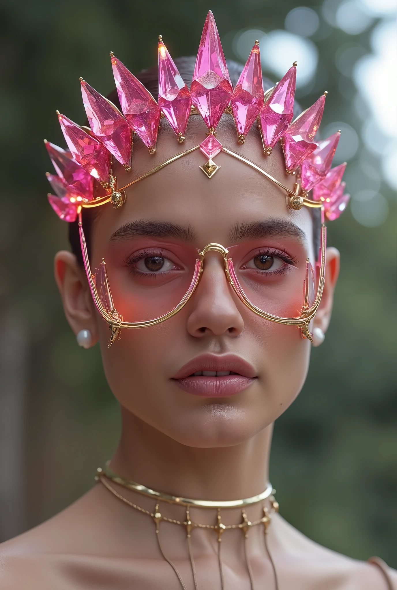 Crystal Tiara/Crown with Visor: The headpiece is a delicate tiara or crown made of sharp, angular pink crystals with golden edges. The crystals form a V-shape, starting from the center of her forehead and curving around her temples, framing her face elegantly. It’s minimalistic but has a powerful, regal vibe. The crystals shimmer lightly, hinting at her Quirk, and give her a striking, confident look. The golden framework adds a touch of sophistication, making it look expensive and stylish.The visor is seamlessly attached to the sides of the tiara, curving downward to cover her eyes and the top of her cheeks. It’s transparent but tinted slightly in pink or gold, matching the crystal theme. The visor is sleek, hugging her facial contours, and gives her a futuristic, high-tech feel. On either side of the visor, there are small, subtle light strips embedded into the frame. These lights are activated by touch, and when switched on, they emit a soft glow—either pink or white, depending on the mood or need. These lights can serve both as visibility enhancers in dark environments and as a stylish visual effect, enhancing her presence.