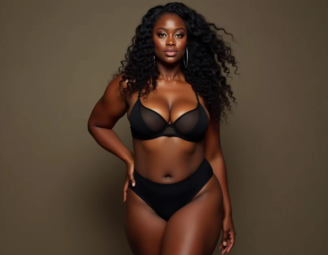Best quality, masterpiece, ultra realistic image of a model (((plus size))) ((black Brazilian plus size full body hair braided afro perfect in pose photo essay)) towards the camera confidently on the runway, (((wearing swimsuit))) (( tiny neckline detailed ultra modern symmetrical design perfect with psychedelic plant print intricate vivid colors)) (detailed polyamide meryl fabric add seams and perfect finishes) , Apply high fashion photographic style by 100 mm front lens ((totally neutral background, in contrast to clothing))