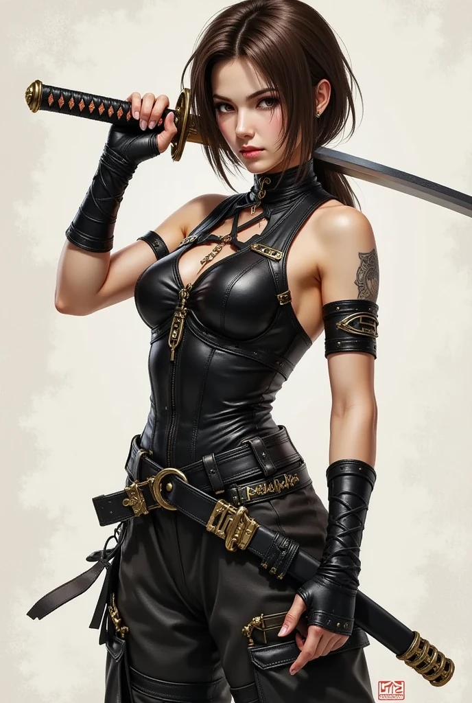 Japanese Kunoichi、  she is slender 、 her hair is brown 、  she has a black combat sleeveless vest、Wrist guard、 wears loose pants 、She has a black bandage on her arm . She has a sword by her side 、 standing upright 