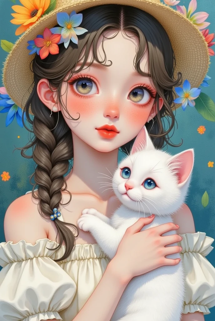 a beautiful girl holding a white cat, close-up, pastel art, watercolor, colorful, realistic, detailed facial features, beautiful eyes, long eyelashes, cute expression, soft lighting, painterly, vibrant colors, textured background, atmospheric, whimsical, magical, (best quality,4k,8k,highres,masterpiece:1.2),ultra-detailed,(realistic,photorealistic,photo-realistic:1.37)