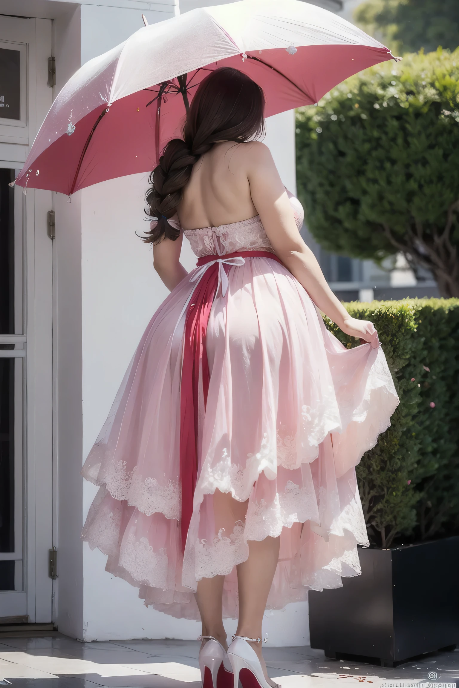 POV from behind, half zipped back shoulder,Middle-aged French tall and thick woman with Red umbrella，seen from behind very tall and big woman,French faces, smiling and jumping,, beautiful diamond crown, realistic crown,Delicatemakeup，curvesious body tall and thick woman,Sexy and feminine，grin，Wrinkles at the corners of the eyes，with long braided hair，pink frock，loose skin，Large sagging breasts，Towering breasts，Thin waist with wide hips，White pearl Necklace,White heels，Tall and tall，Stand up，Open posture, beautiful Red umbrella, POV from behind 