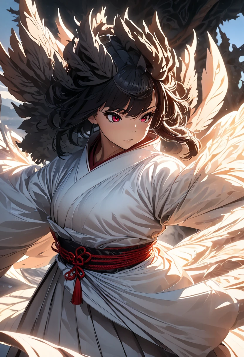 masterpiece,  best quality,  super detailed, CG illustration,  high definition , Better lighting,  Best Shadow ,  extremely delicate and beautiful , Proper Shading,  high definition , 8k,  ray tracing , Extremely detailed and sharp background ,  perfect lighting, Anime Style,  inspired by the Magic Swordsman game: House of Ruby (Tengu, Winged Mountain God, Aggressive, Red and white colors), Strength, Samurai Punk, Alone, 1 female,  black hair, red eyes,  adult, Obi tassel,