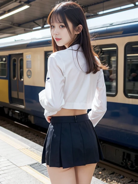 8K, nffsw:1.2,, (hyper realisitic:1.35), (Realistic:1.4), 1 beautiful Korean girl,__expression__,(School uniform:1.4),独奏、Turn around and show your ass、Big ass, standing on his back looking back, Show more ass, hands on butt、12-year-old woman、A smile、Legs open、White cotton fabric panties、white sock、Plaid school miniskirt、A smile、bangss、、A dark-haired、eye shadow、Crab crotch、 (Butt view), Perfect ass、waist - shot、Bend over and stick your ass out and show it、thigh closeup, bottom body close up、Woman showing off her butt underwear illuminated from behind,、Crowded intersections、A path that many people take、Bustling downtown、