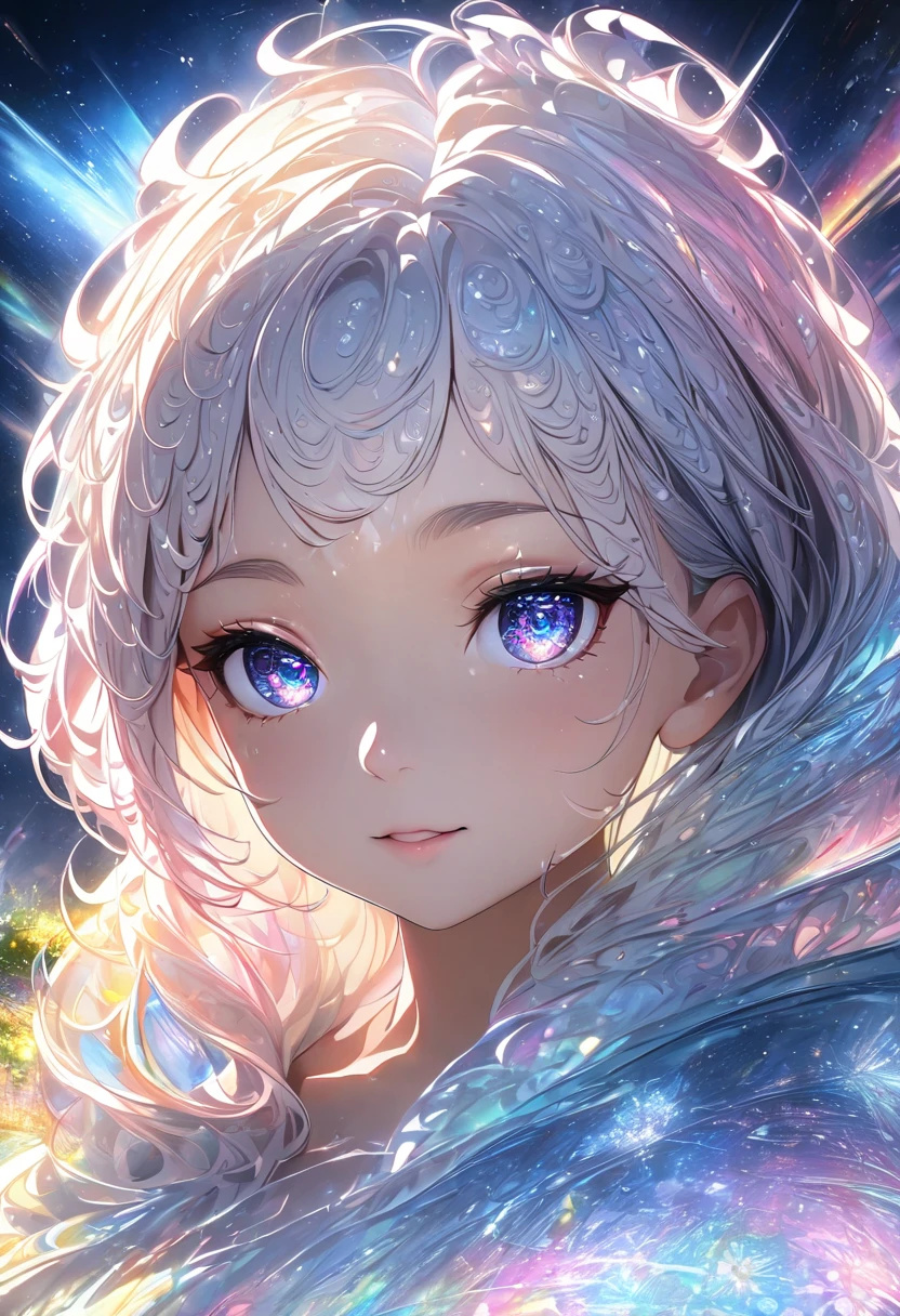 masterpiece,  amazing girl , cute girl,  Bust,  High Detailed Eyes , Perfect Eyes,  portrait, Advanced Face Detail, Same eyes, Glare, Rainbow,  global illumination , Soft light, Dream Light,  Digital Painting , 8k Close-up,  Fantasy , Night Sky, star, star雲, White Crystal, moonlight, Tranquility, summer, (8k:1.1)