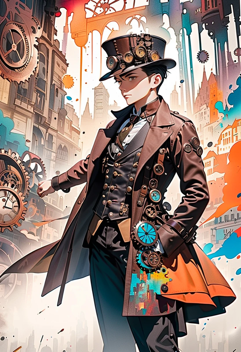 (masterpiece, best quality),(multiple exposure shade: 1.2),
watercolor print collage depicting,boy wearing steampunk outfit,he is standing in the city,he is surround by many gears symbols,splash color, collage art, contemporary art,