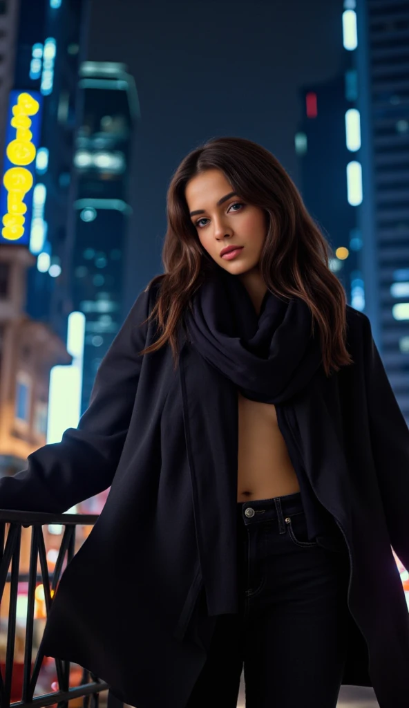 beautiful girl， Pretty Face， Wearing a dark scarf， Cyberpunk city by night She was wearing a dark open coat， Black jeans， Dramatic Lighting，photography，4K,Ultra-fine details