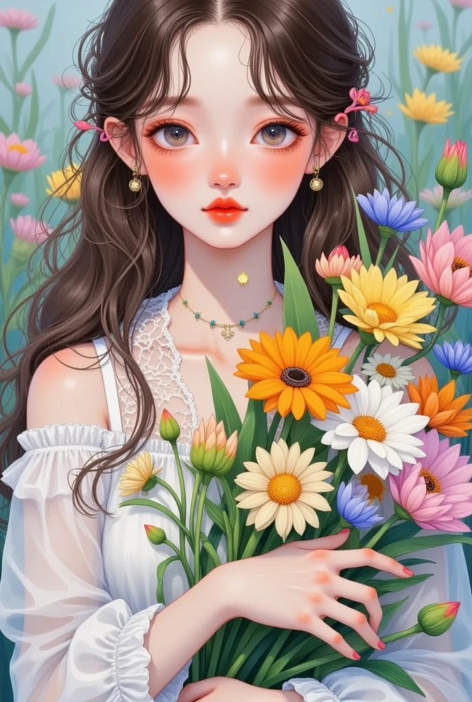 A girl with long hair holding a bouquet of flowers, Segments of digital painting , tumblr,  pop surrealism,  artstration trend , Lovely art style, Girl in the flowers, Close-up shot of a woman holding a vase with flowers ,  soft anime illustration ,  exquisite digital art ,  Lovely illustrations ,  a beautiful art illustration , 可爱的数字艺术,  可爱的细节艺术品 , Lovely realistic portrait , Beautiful digital illustrations