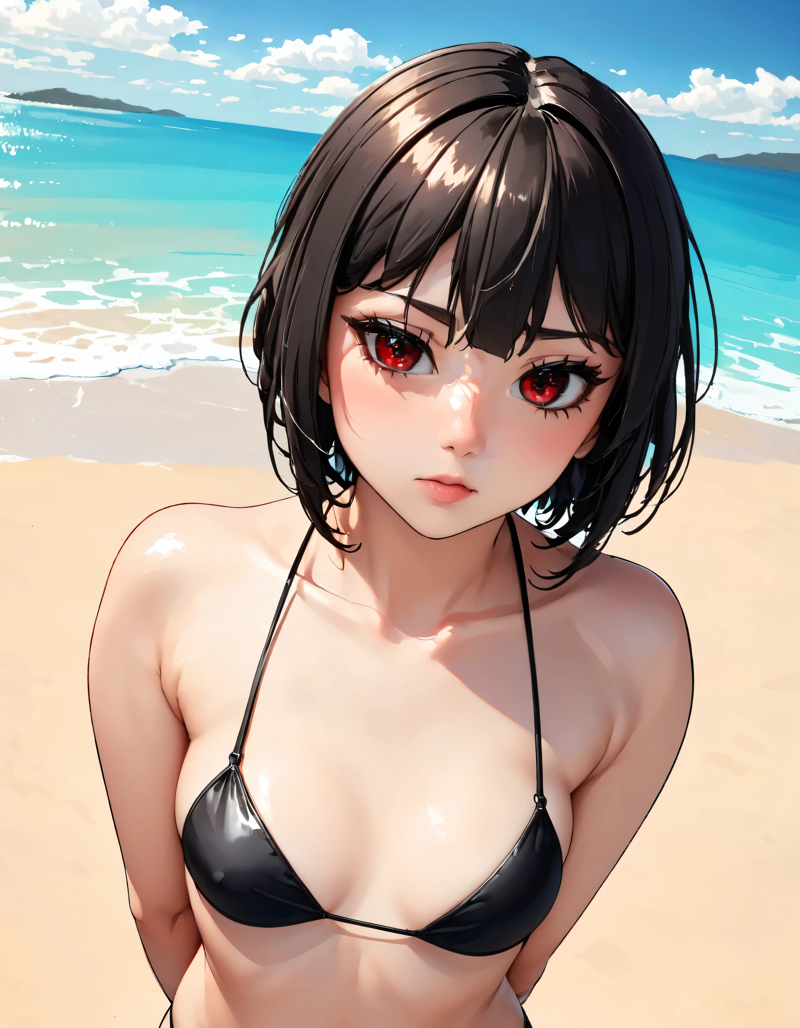 (highest quality:1.2, Very detailed, Latest, Vibrant, Super Detail, Ultra-high resolution, High Contrast, masterpiece:1.2, highest quality, Best aesthetics, there is:0.9), alone, (1 female), Megumin, short hair, black hair, (red eyes:1.3), short hair with long locks, minimal, 1girl, solo, ((black bikini)), red eyes, nose blush, shy, looking at viewer, camel toe, arms behind back, cute overload, small breasts, slim figure, contrapposto, (beautiful sandy shore), (ocean in background), (beautiful blue sky), (pulling bikini bottom down), 
