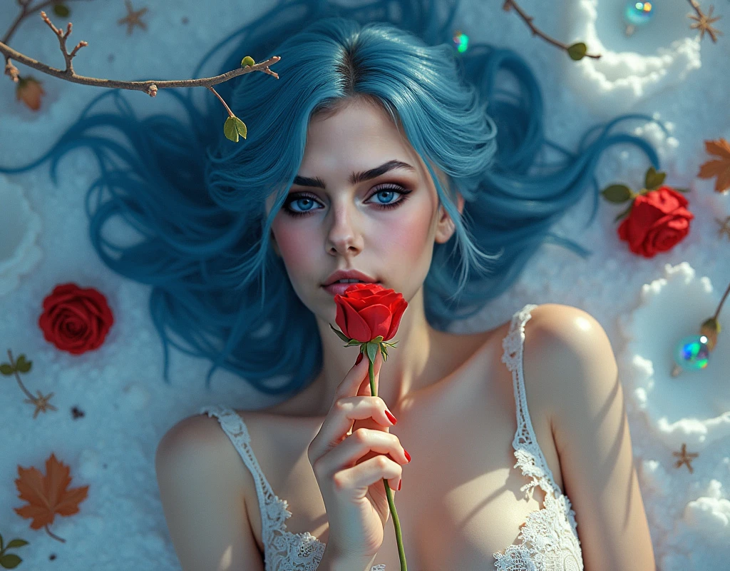 (best quality, realistic, ultra-detailed), a beautiful woman, large breasts, looking up, hair blowing in the wind, and red rose petals falling. perfect makeup, detailed eyes, and lips, long flowing blue hair and blue eyes, graceful pose, vibrant colors, soft lighting, romantic atmosphere, elegant and confident expression, delicate features, flowing dress, natural surroundings, dreamy ambiance. canon eos r3, 20 megapixels