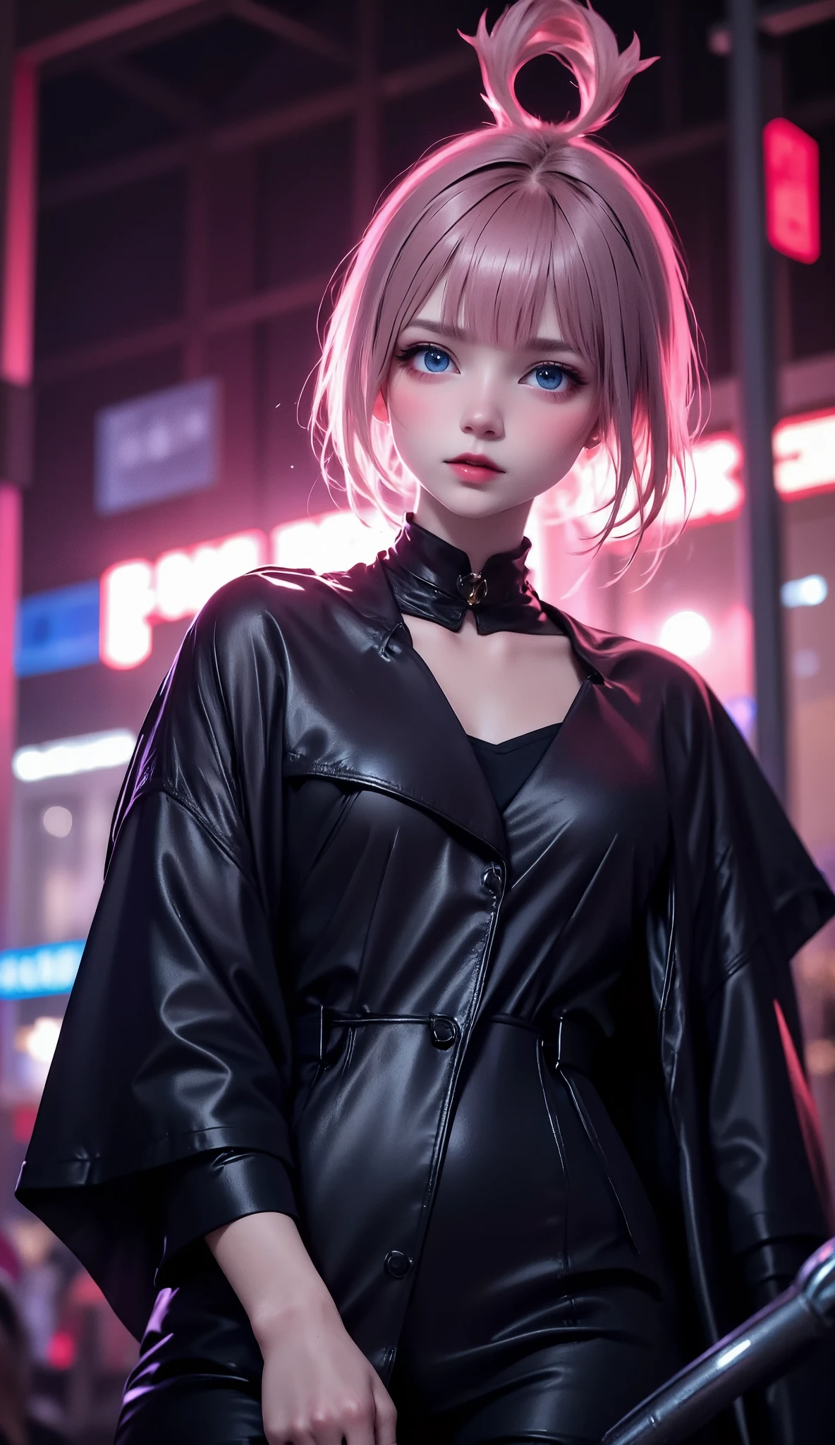 QUALITY ¥ (masterpiece,  best quality,8k,非常に精細なCGユニットの wallpaper, high definition ,top-quality,top-quality real texture skin, surreal, Increase Resolution , RAW photo, best quality, very detailed, wallpaper\), break, Hitman, Bunny Girl in a Black Trench Coat,  Black Leather Trench Coat , ブラックのトレンチコートを着た girl, かわいい girl,  Ultra Detailed Face and Eyes , ¥( girl,  cute face,  Simple Bunny Girl Costume , Usamimi,  gray eyes, short hair jacket with shining eyes , Kills People by Laughing ,terribleな殺人鬼,Lightsabre:1.37,¥),break,Dark Background、 Darkness、terrible、(outside,  knight ,neon,Backstreets)