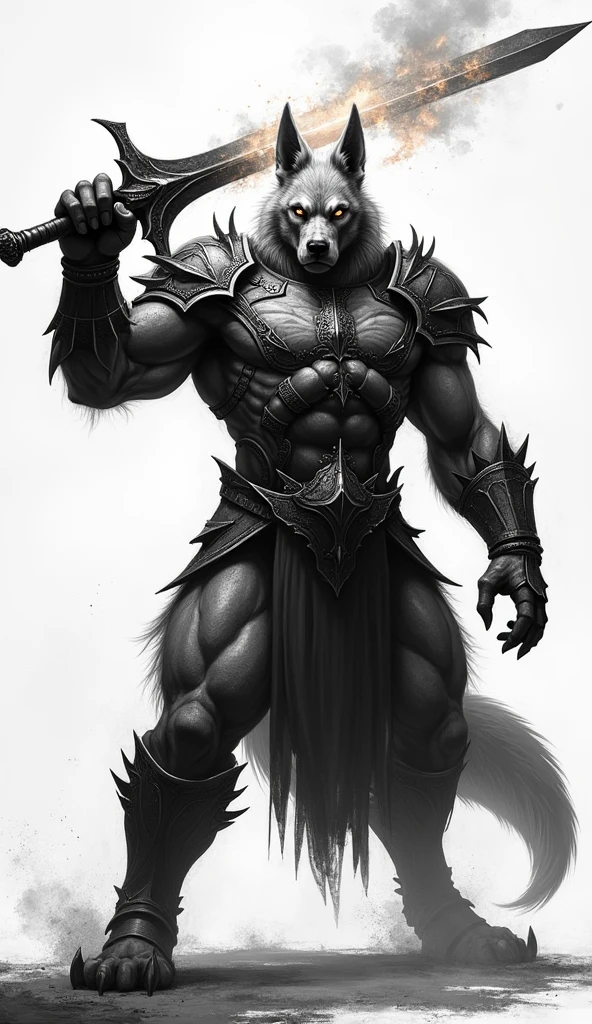 Guardian Animal Tattoo with Rudimentary Armor,ready to defend,offwhite,stark,tatoo,wolf with lion&#39;s mane,humanoid body
