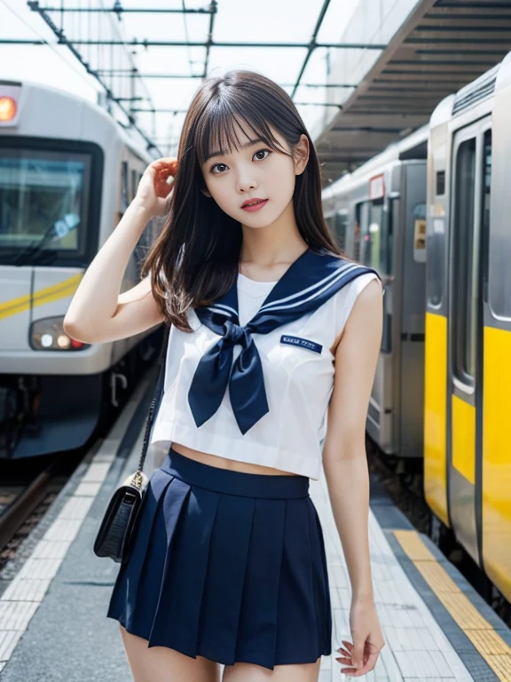 highest quality,super detailed,masterpiece,realistic,Photoreal,bright lighting,1 girl, very beautiful 17 year old girl, (cute:1.2),thin smile, (brown eyes),(brown haired),(bangs),perfect shiny skin,perfect skin,((erotic,sexy and sexually explicit)),((Accurate needle with no discomfort)), big and full breasts,big breasts thin waist, look at the audience,((sailor suit)),((short sleeve uniform white shirt)),(red tie),(Mini pleated skirt in blue),(((lift it yourself))),(lift it yourself),(show panties),panties on,panties focus,((get up,spread across the legs)), socks, (black knee socks),(loafer shoes), daytime,in the train,Horizontal seat with your back to the window、Nogizaka Idol、korean idol、Gravure idol pose、、25 years old、expensive、Cafe、restaurant、Italy、American、Australia
