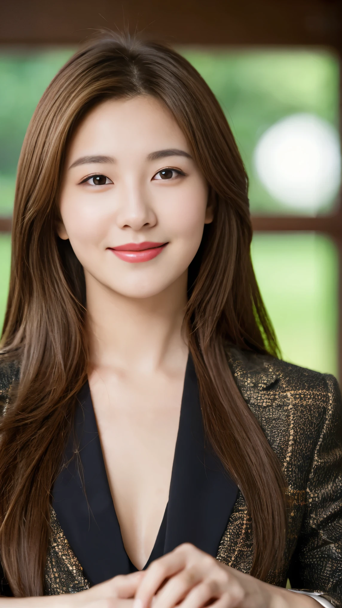 desktop,  best quality, realistic,  super detailed, Exquisite,  high resolution, 8k wallpaper, 1 Beautiful Woman ,,  light brown messy hair , Wearing a suit ,  Sharp Focus,  Perfect Dynamic Composition , Exquisiteて美しい目, Sparse hair , Detailed and realistic skin texture, Smile,  close-up portrait , body curve