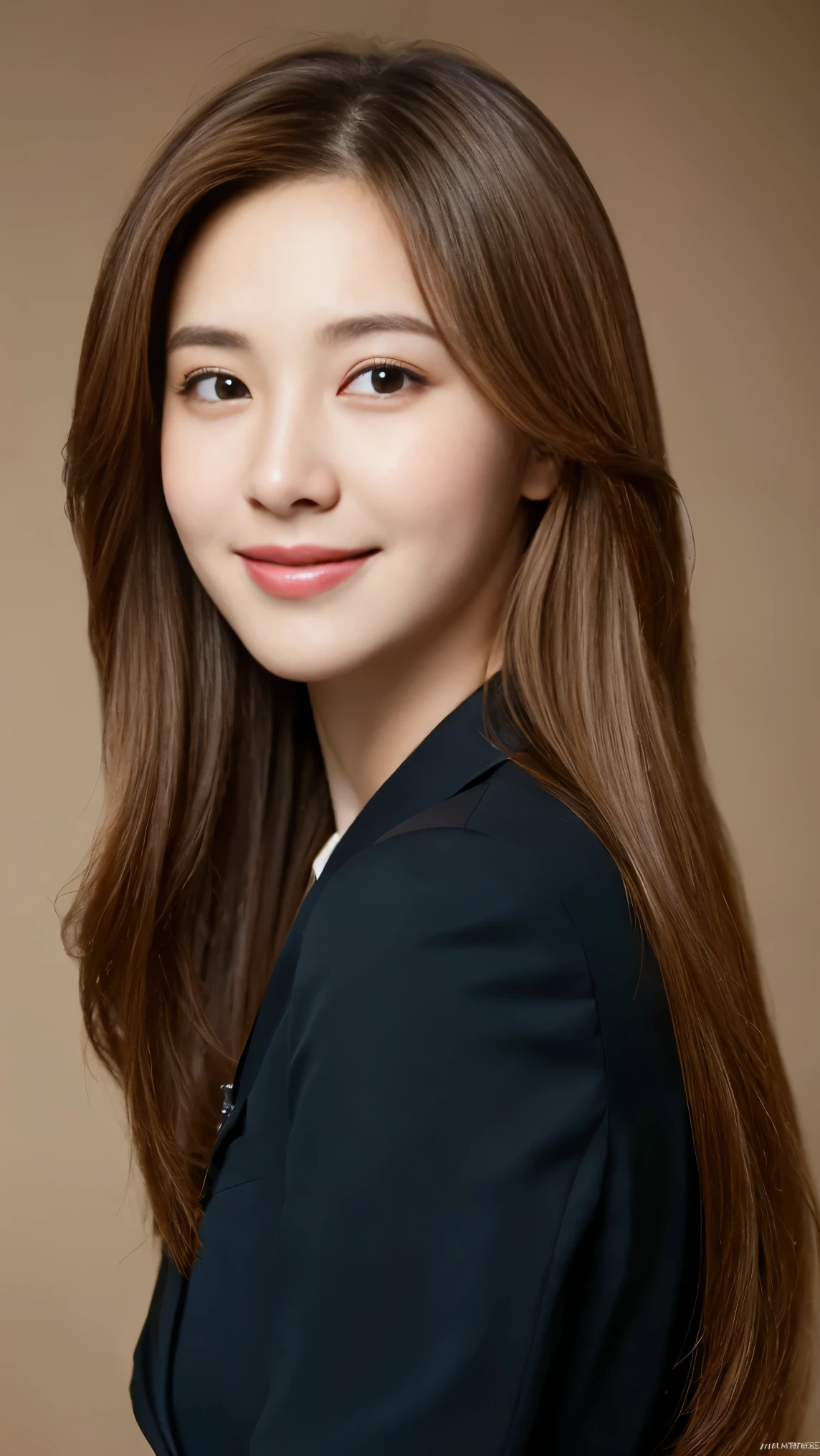 desktop,  best quality, realistic,  super detailed, Exquisite,  high resolution, 8k wallpaper, 1 Beautiful Woman ,,  light brown messy hair , Wearing a suit ,  Sharp Focus,  Perfect Dynamic Composition , Exquisiteて美しい目, Sparse hair , Detailed and realistic skin texture, Smile,  close-up portrait , body curve