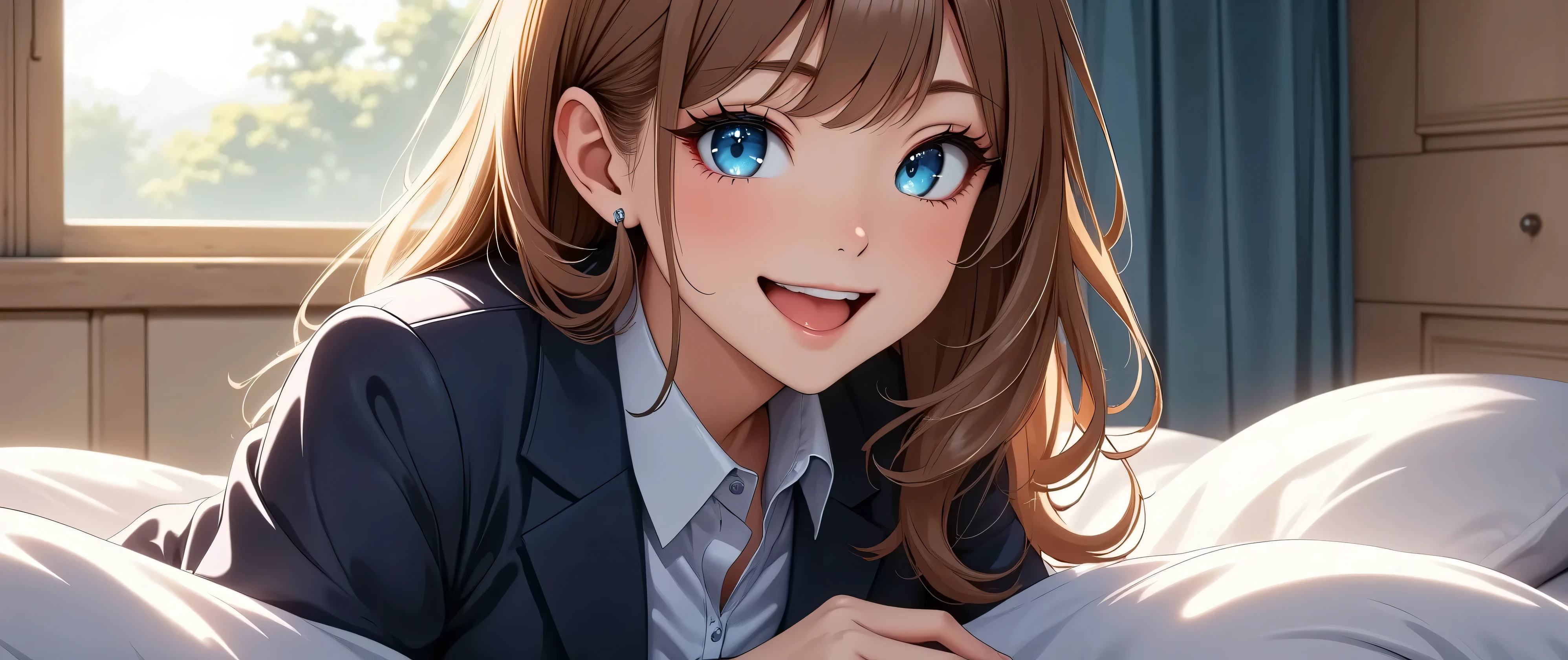Anime girl laying on bed with blue eyes and long hair - SeaArt AI