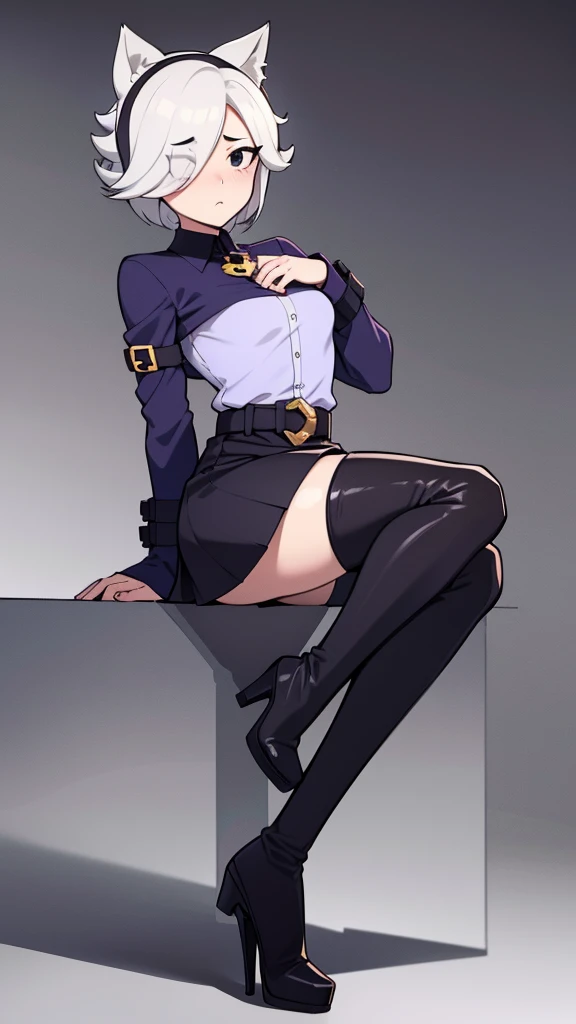 Girl in thigh-high boots, sitting in the room