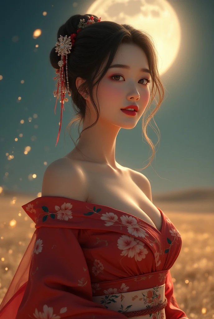 (masterpiece:1.2), ultra detailed, ultra high res, (realistic, photo realistic:1.37), high detail RAW color photo, professional photograph, an extremely delicate and beautiful, extremely detailed, 8k wallpaper, Amazing, finely detail, huge file size, extremely detailed beautiful girl, extremely detailed face, extremely detailed eyes, extremely detailed skin, extremely detailed fingers, highly detailed nose, highly detail mouth, Perfect Anatomy, Highly detailed background, (a famous actress of Japan:1.2), (gals:1.5), (flat chest:1.5), brown race, dark skin, reflection, wearing an elegant traditional kimono flower embroidery, (intricate detailed on kimono), epic background, (weapons, fire, glitter:1.2), (red moon:1.2), (fog:1.5), (ghost:1.2), (red fire:1.2), fantasy,