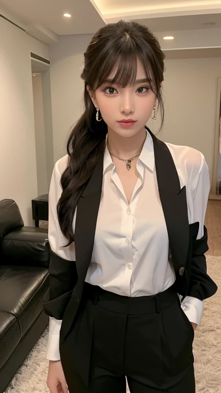 Highest quality、Super detailed、4K、Japanese、Captivating beauty、Attractive adult woman、Beautiful woman、Cool girl、evil女、brainwashingされた、brainwashing、Fallen into evil、Grin、邪evilな表情、邪evilな笑顔、evil、Brown Hair、Wavy Hair、Swept-apart bangs、Heavy makeup、Heavy makeup、Sharp Eye、Hollow Eyes,Half-closed eyes、Hollow Eyes、purple eye shadow、Black lipstick、Black lip gloss、suit、Black jacket、blouse、Black tight skirt、night、In the office、Have lipstick