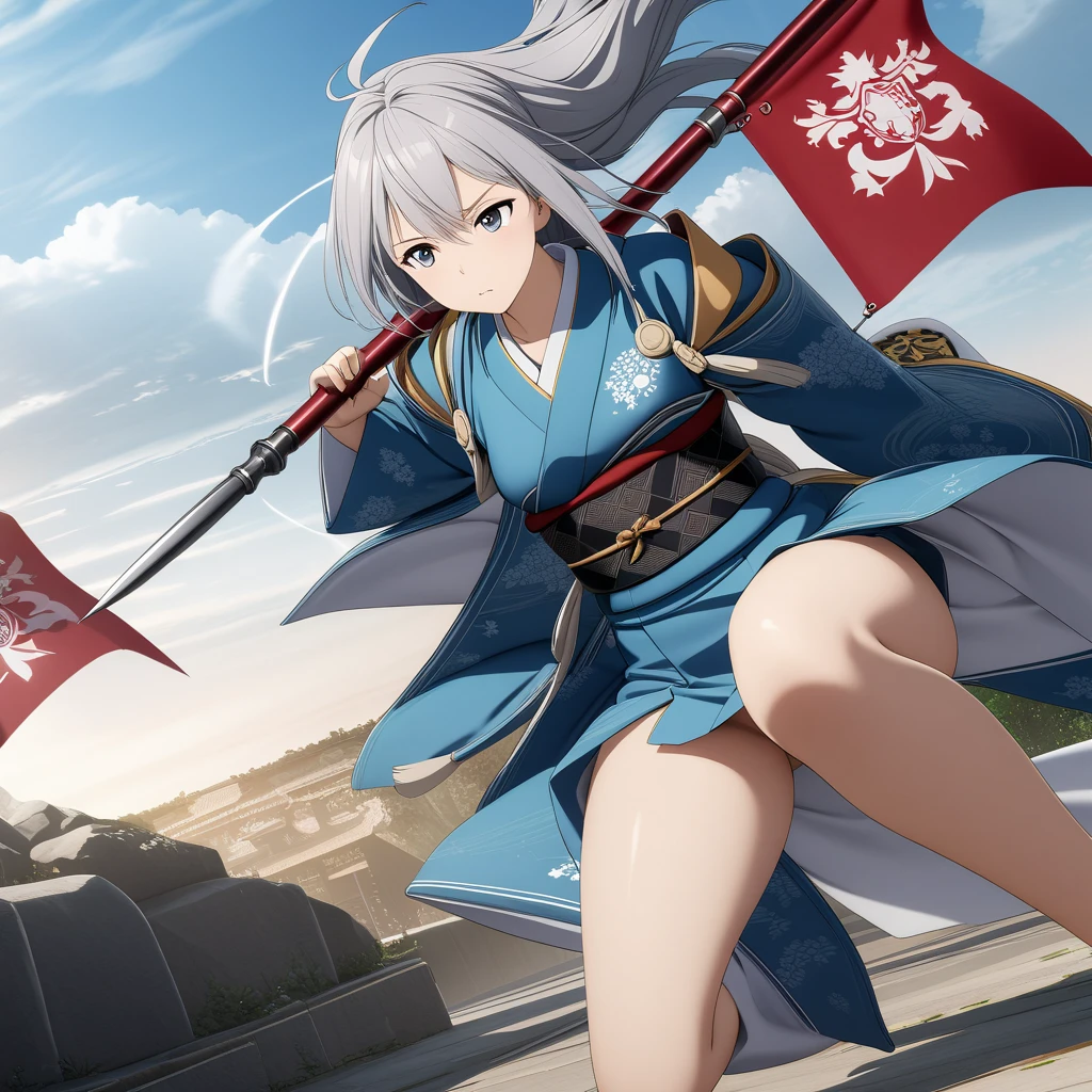 (  Very Detailed CG Octane Rendering 8K Wallpaper with Long Spears ),  World's Most Beautiful Artwork  , A flag with a coat of arms attached to a long spear,  complicated,  high detail,,  Japanese Kimono, Strong winds ,  best quality, Disarray of clothing,  thighs,、 with a flag attached to a long spear