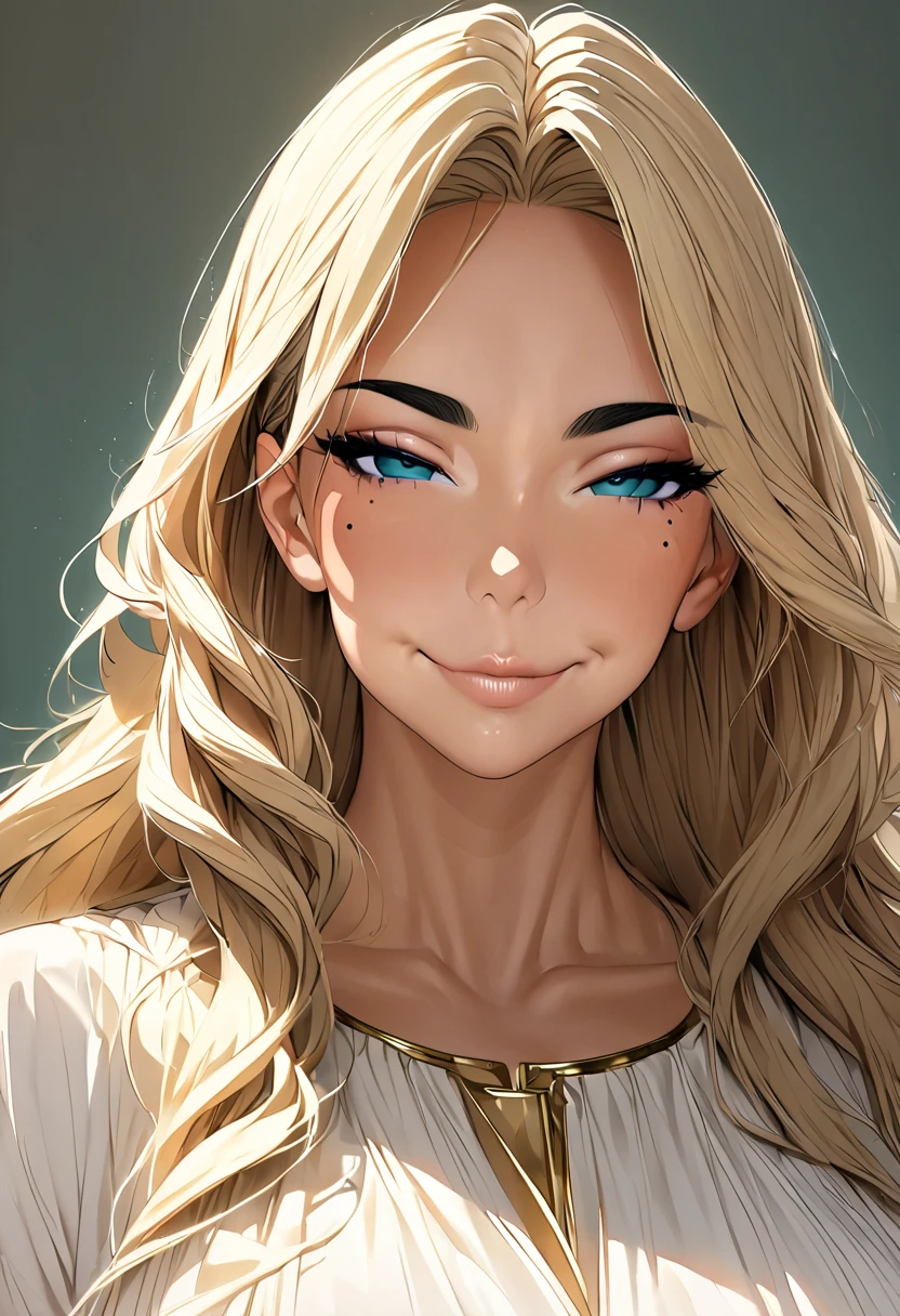 masterpiece,  best quality, Towards Viewers ,  upper body,Middle-aged women, attitude like a Greek goddess,  melon seed face , ((Narrow eyes)),  mole under eye, Teal Eyelids, Thin lips,  blonde hair ,  very long hair, A closed mouth and a smile ,40 year old,  self portrait,  simple background, white dress,