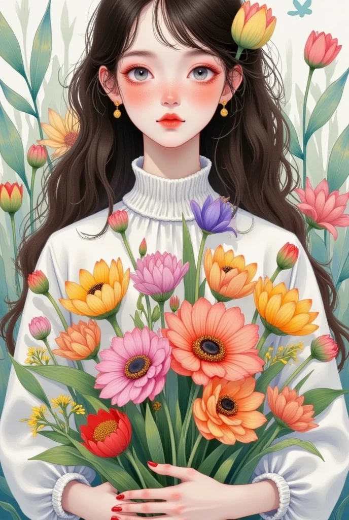 A girl with long hair holding a bouquet of flowers, Segments of digital painting , tumblr,  pop surrealism,  artstration trend , Lovely art style, Girl in the flowers, Close-up shot of a woman holding a vase with flowers ,  soft anime illustration ,  exquisite digital art ,  Lovely illustrations ,  a beautiful art illustration , 可爱的数字艺术,  可爱的细节艺术品 , Lovely realistic portrait , Beautiful digital illustrations