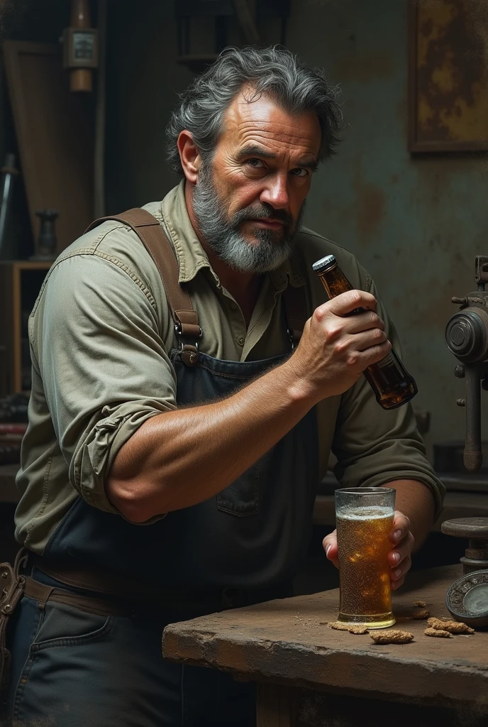 a dark-haired man of 39 years old, with dark hair, a bearded man, eyes black, black jersey, with a glass of beer in his right hand, happy face, be standing, focus on the beer glass. Very realistic, best qualityer. To stand, show full body, film photography, fur details, very real.