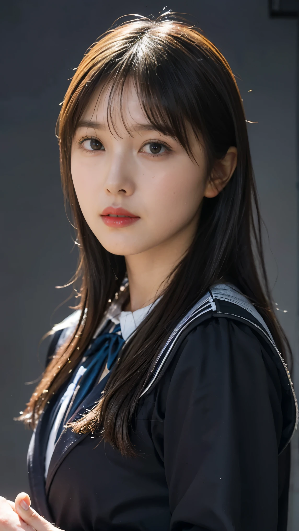 1 girl, Japanese High Girl, (uniform), Shibuya City, masterpiece, best quality, best quality, Movie Lighting, ( Stereo lighting ), Extremely detailed CG unity 8kの壁紙, Concentrated, Extremely detailed, surrenders , photorealistic, sharp concentration, absurd, ( high definition :1.2), ( high contrast), photos with wide cuffs on the wrist , Detailed and complex, instagram, portrait, very detailed, Digital Painting , Art Station , Concept Art , smooth, sharp concentration, Illustration, Movie Lighting, is staring at the viewer , ( standing ), ((Hipshot:1.6))