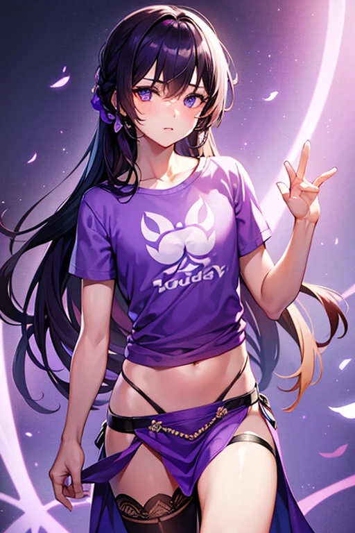 An 18-year-old cat girl with long black hair with purple ends, blue eyes, chest, and round-shaped glasses. (Black T shirt , black crop top shirt, Black off-the-shoulder shirt, Cat pattern in the middle of the shirt),school short black skirt, black panties, standing,
