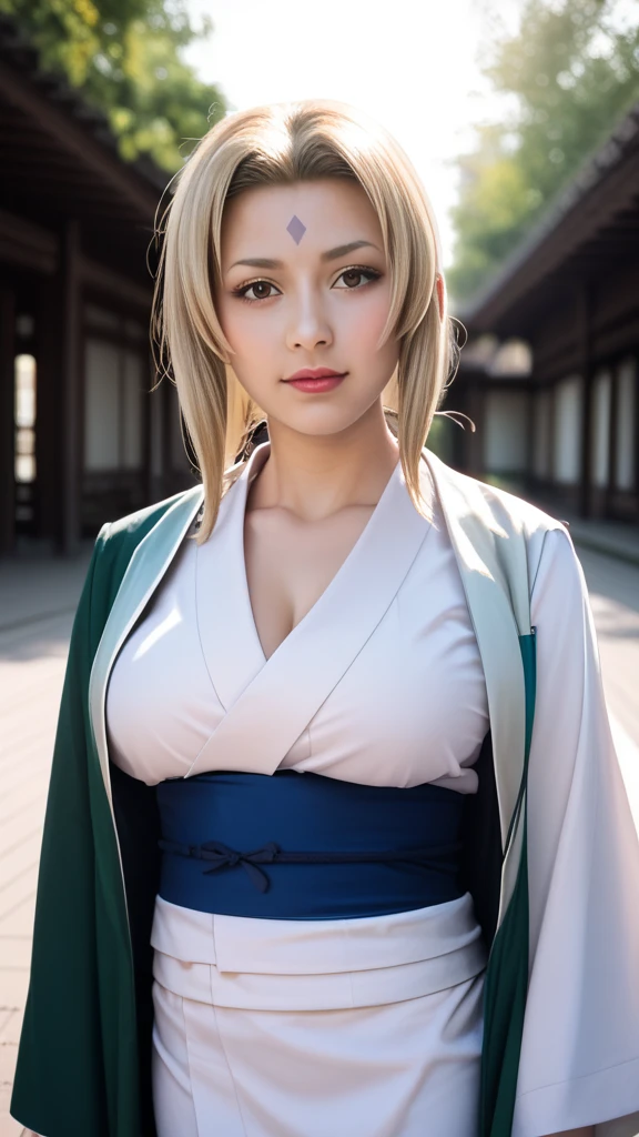 score_9, score_8_up, score_7_up, score_6_up, Photorealistic, real photo, god rays, highres, sharp focus, pixiv masterpiece, ((intricate details)), highly detailed,  upper body, 1girl, mature, blonde hair, blue forehead mark,white kimono, green jacket, sash, tsunade_senju, 