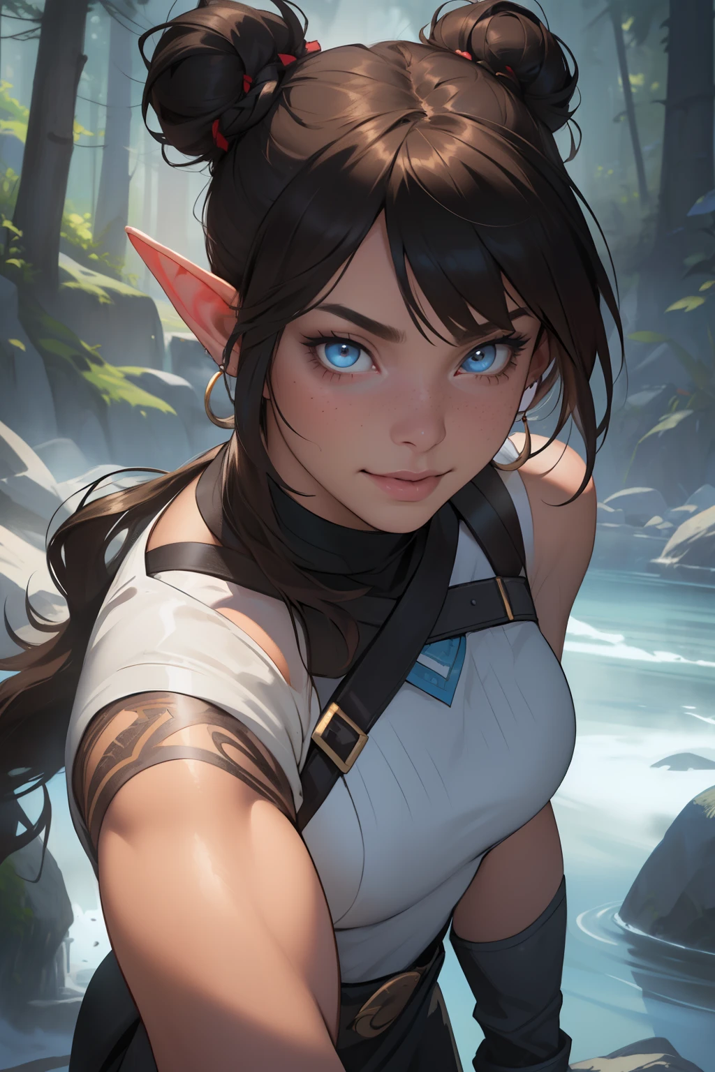 Korra da avatar,(best quality, 4K,8k,high resolution,work of art:1.2)(weather: showing), tundra background, artic village, wide hips, long curly hair, brown hair, freckles, sleeveless crop top, fur belt, bodycon winter skirt, leggings, winter boots, elbow long gloves, light makeup, dark eyeliner, blush, flirting pose, earrings, glowing eyes, ultra detailed, portrait, realistic, beautiful detailed blue eyes, beautiful detailed lips, extremely detailed eye and face, long eyelashes,average, large breasts, flying hair, beaming smile, sexy smile, powerful girl, bright coloured, dramatic lighting, blue flames, a beautiful elf girl training, short brown hair, double bun hairstyle, blunt bangs, blue eyes, hair ornament, detailed face, elegant pose, mystical forest background, cinematic lighting, (best quality,4k,8k,highres,masterpiece:1.2),ultra-detailed,(realistic,photorealistic,photo-realistic:1.37), LAUFEN, SHORT HAIR, DOUBLE BUN, BLUNT BANGS,