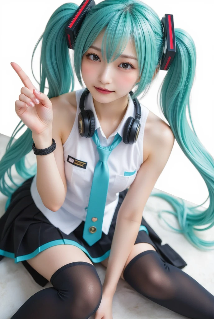 1girl,gal,large breasts,(best quality,absolutely resolution,ultra detailed,masterpiece),(photo realistic),8K,(detailed face),delicate realistic skin texture,(Shining eyes),Hatsune Miku,aqua hair,twintails,very long hair,hair ornament,hairpin,hairclip,animal hands,animal ears,neck bell,bracelet,heart earrings,wristband,white shirt,blue tie,bare shoulders,Separated sleeves,pleated skirt,thigh boots,smile,white skin,aqua eye,holding weapon,headphones around neck,dynamic angle,sit