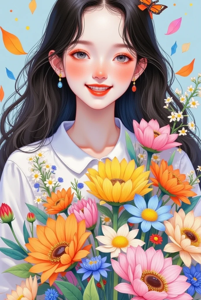 A girl with long hair holding a bouquet of flowers, Segments of digital painting , laughing out loud，tumblr,  pop surrealism,  artstration trend , Lovely art style, Girl in the flowers, Close-up shot of a woman holding a vase with flowers ,  soft anime illustration ,  exquisite digital art ,  Lovely illustrations ,  a beautiful art illustration , 可爱的数字艺术,  可爱的细节艺术品 , Lovely realistic portrait , Beautiful digital illustrations