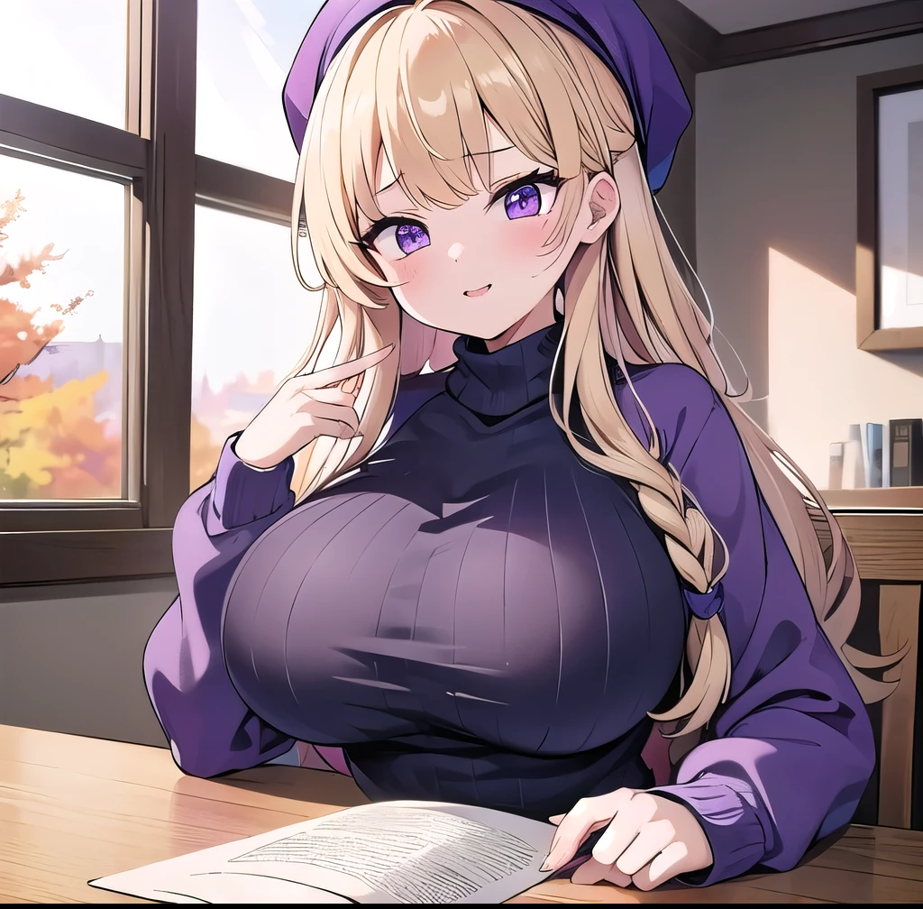   1 girl,   short 、blonde , Blonde、Long Hair, Curly hair、 purple eyes ,  1 girl 、 Autumn Scenery Window Sill 、indoor、 very big breasts 、Bitch、Seductive、Big Breasts,  , pink lips、  knight 、Best shadow、Best lighting、Knitted hat、Bundle、（（ high neck、 Long Sleeve 、braid knit 、 Long Sleeve 、 Open Front））、front、Sexy knit、Mini length、valley、