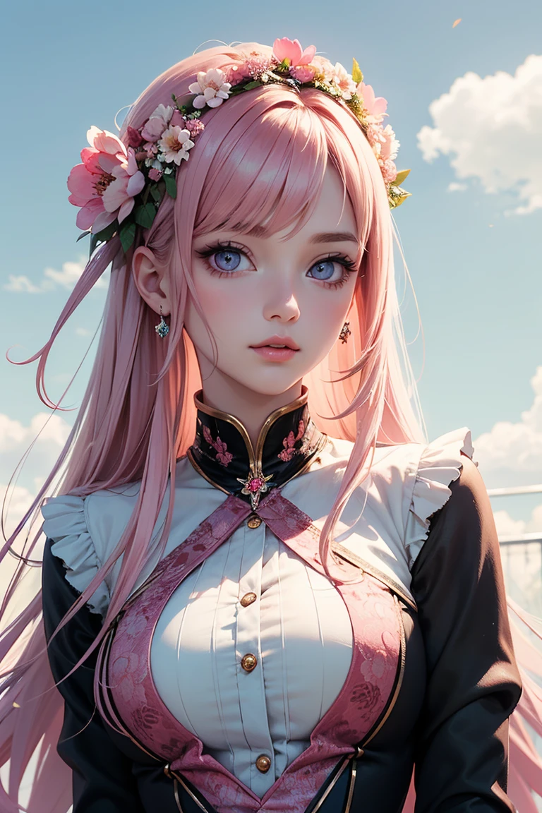 anime girl with pink hair and a white flower in her hair, anime girl in real life, photorealistic anime, anime. soft lighting, beautiful anime portrait, anime style mixed with fujifilm, hyper realistic anime, kawaii realistic portrait, stunning anime face portrait, beautiful anime girl, anime girl cosplay, pretty anime girl, portrait of an anime girl, portrait of cute anime girl,blue eye, sexy, sakura tree backgoround,(8k, RAW photo, photorealistic:1.25) ,( lipgloss, eyelashes, gloss-face, glossy skin, best quality, ultra highres, depth of field, chromatic aberration, caustics, Broad lighting, natural shading, Kpop idol) looking at the audience With serenity and goddess-like bliss,