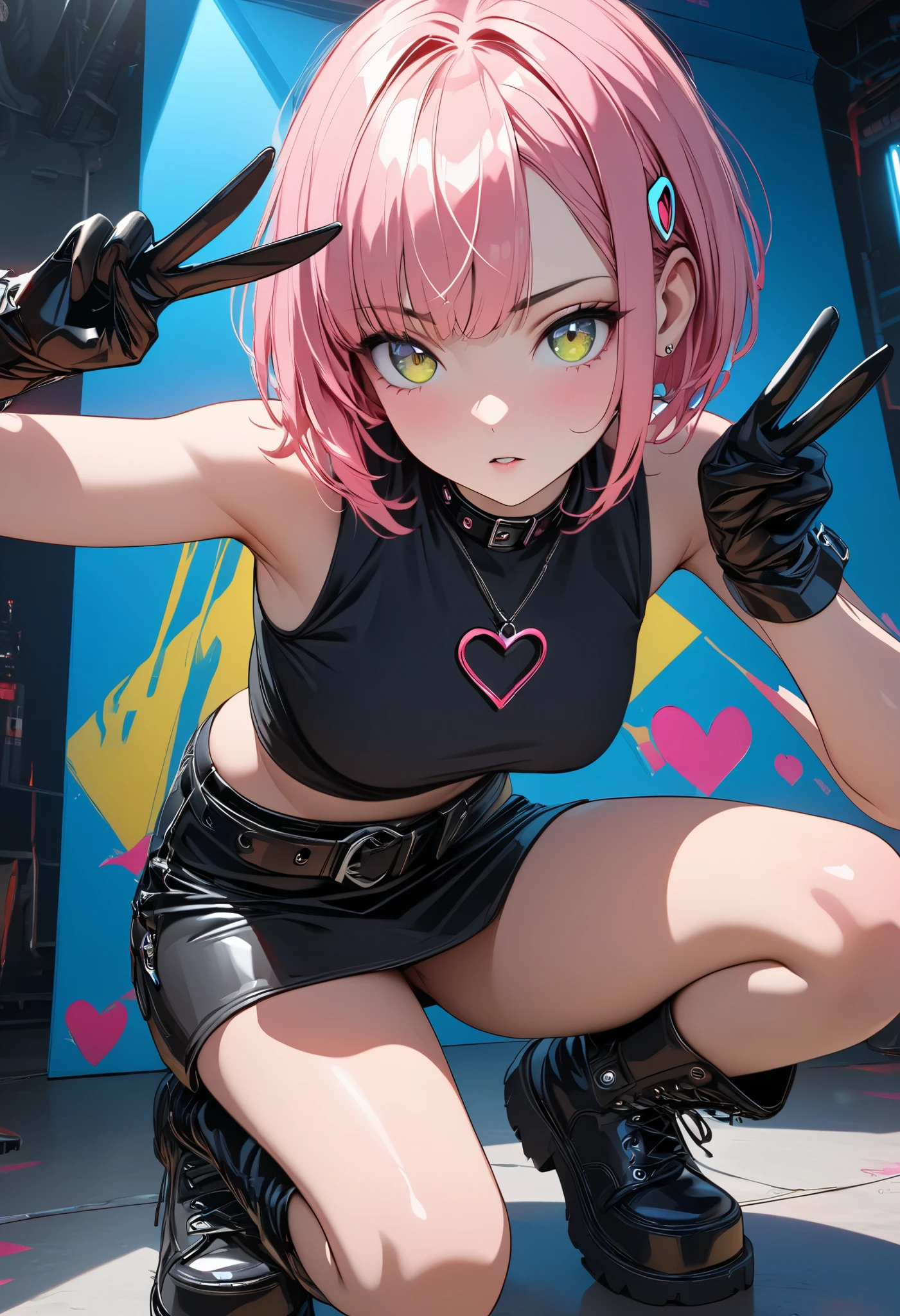 masterpiece, best quality, 8k, highres, ultra-detailed,  HDR, UHD, studio lighting, extreme detail description, professional,pop art,illustration, best quality, 1girl, short hair, pink hair, intense gaze, cyberpunk fashion, crouching pose, peace sign, mechanical hair accessories, leather choker with heart pendant, sleeveless black top, black skirt, black leather gloves with buckles, thick-soled boots, minimalistic background, white backdrop, edgy aesthetic
