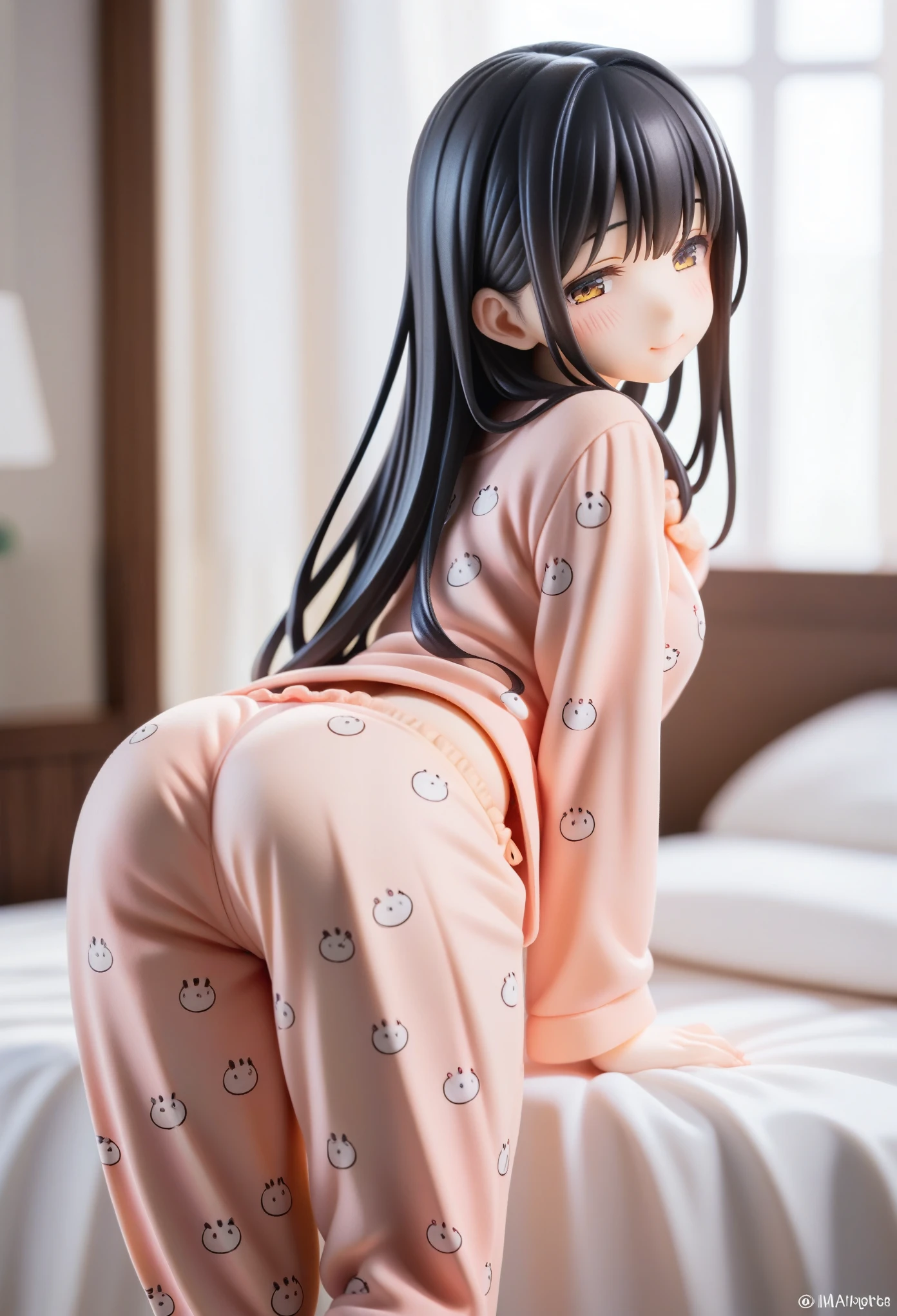 masterpiece, best quality, high resolution, (beautiful ass:1.2), full blush, looking back, a girl, anime, asian girl, (giving pelvic thrusts:1.3), (leaning hips forward:1.25), showing ass to viewers, (very cute:1.45), (front view:1.1), (very young:1.3), hands on own chest, detailed face, Pajamas, black hair, pajama pants, medium breasts, (sleepy:1.1), (narrowed eyes), bed, smile, sexy