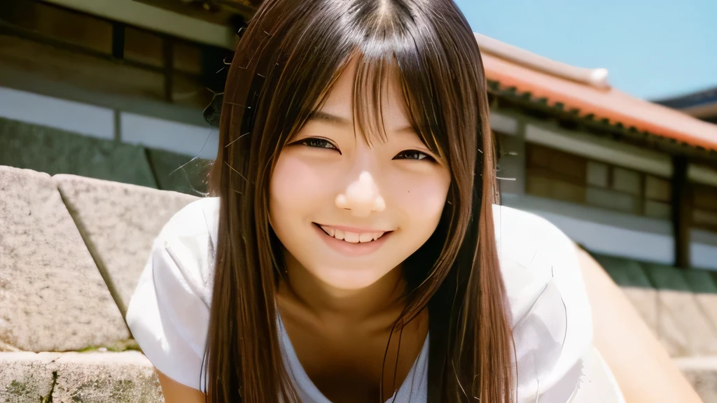 Arafed asian woman with long hair smiling and leaning on a wall - SeaArt AI