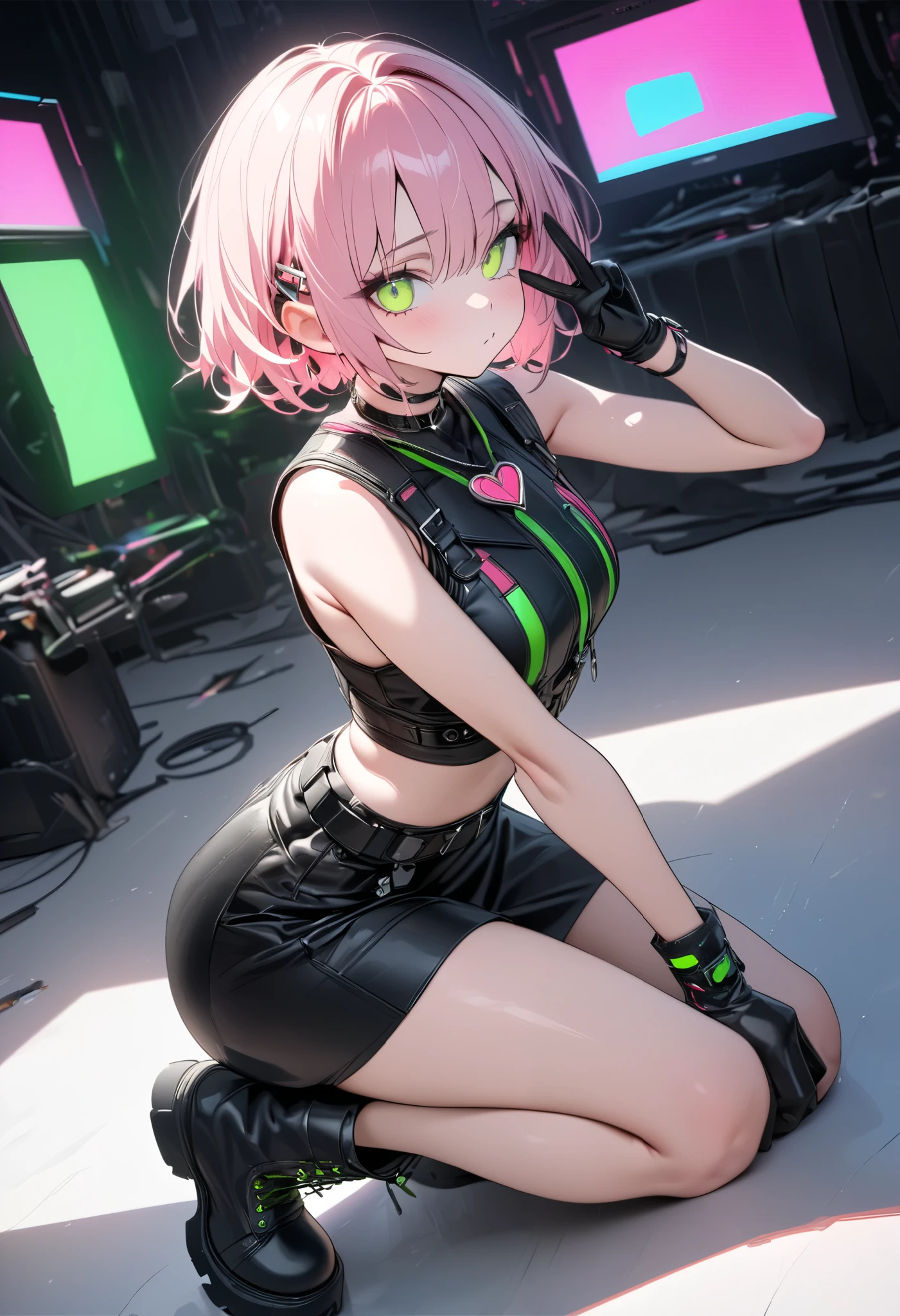 masterpiece, best quality, 8k, highres, ultra-detailed,  HDR, UHD, studio lighting, extreme detail description, professional,pastel,
theme color green,illustration, best quality, 1girl, short hair, pink hair, intense gaze, cyberpunk fashion, crouching pose, peace sign, mechanical hair accessories, leather choker with heart pendant, sleeveless black top, black skirt, black leather gloves with buckles, thick-soled boots, minimalistic background, white backdrop, edgy aesthetic
