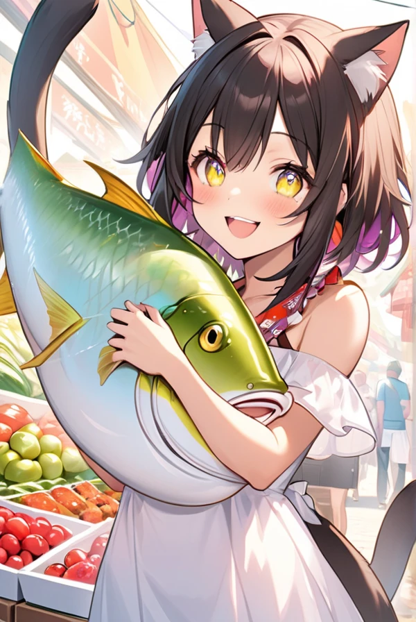 Cat ears, cat tail, Cat girl, holding a big fish in both hands, sparkling eyes, big smile,A vibrant market