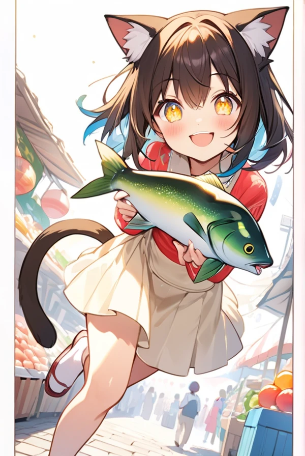 Cat ears, cat tail, Cat girl, holding a big fish in both hands, sparkling eyes, big smile,A vibrant market