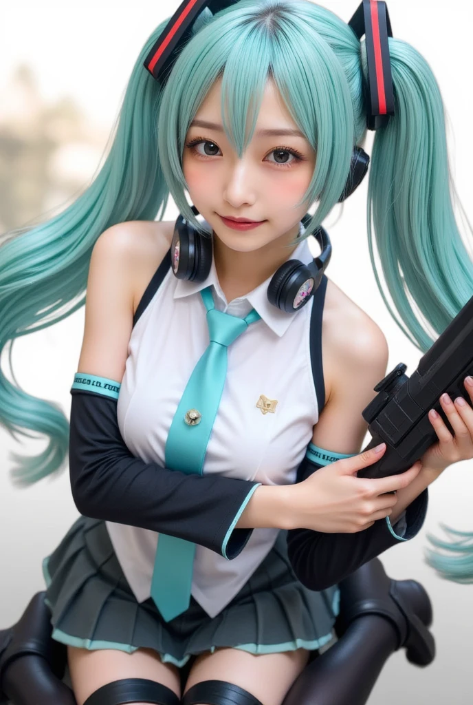 1girl,gal,large breasts,(best quality,absolutely resolution,ultra detailed,masterpiece),(photo realistic),8K,(detailed face),delicate realistic skin texture,(Shining eyes),Hatsune Miku,aqua hair,twintails,very long hair,hair ornament,hairpin,hairclip,animal hands,animal ears,neck bell,bracelet,heart earrings,wristband,white shirt,blue tie,bare shoulders,Separated sleeves,pleated skirt,thigh boots,smile,white skin,aqua eye,holding weapon,headphones around neck,dynamic angle,sit