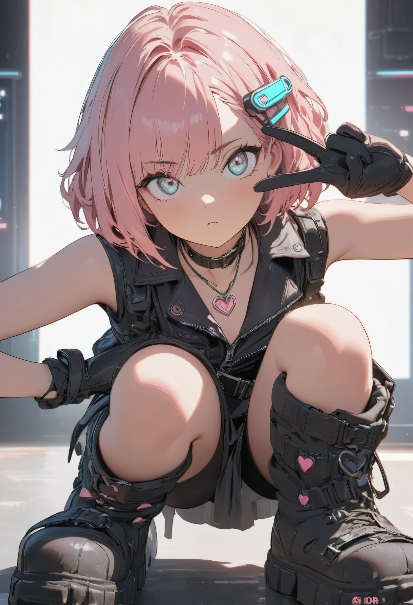 masterpiece, best quality, 8k, highres, ultra-detailed,  HDR, UHD, studio lighting, extreme detail description, professional, pastel,
Low Fidelity (lofi) art style,illustration, illustration, best quality, 1girl, short hair, pink hair, intense gaze, cyberpunk fashion, crouching pose, peace sign, mechanical hair accessories, leather choker with heart pendant, sleeveless black top, black skirt, black leather gloves with buckles, thick-soled boots, minimalistic background, white backdrop, edgy aesthetic
