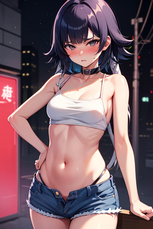 ,masterpiece,  is of the best quality, HD ,  Very detailed,Yutaka variety , Shorthair cat  、 Long hair,  shoulder exposure ,  cropped top below  ,belly button, denim shorts ,Awkward, blush,   Sensual Expressions , night life ,Outdoor, Neon Street ,(prostitution :1.5)