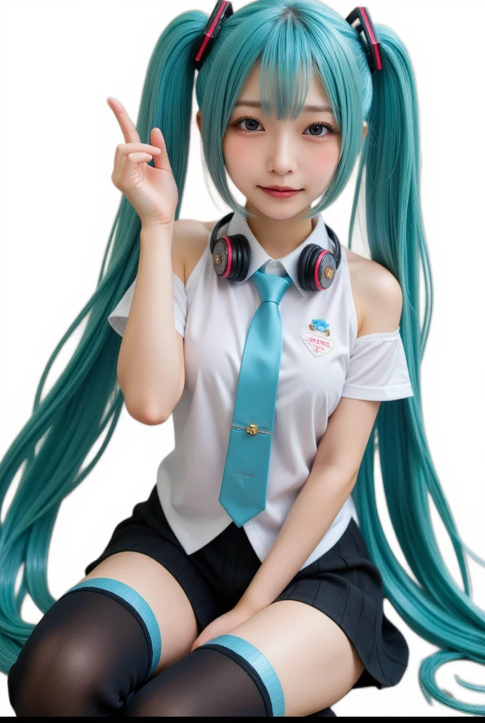 1girl,gal,large breasts,(best quality,absolutely resolution,ultra detailed,masterpiece),(photo realistic),8K,(detailed face),delicate realistic skin texture,(Shining eyes),Hatsune Miku,aqua hair,twintails,very long hair,hair ornament,hairpin,hairclip,animal hands,animal ears,neck bell,bracelet,heart earrings,wristband,white shirt,blue tie,bare shoulders,Separated sleeves,pleated skirt,thigh boots,smile,white skin,aqua eye,holding weapon,headphones around neck,dynamic angle,sit